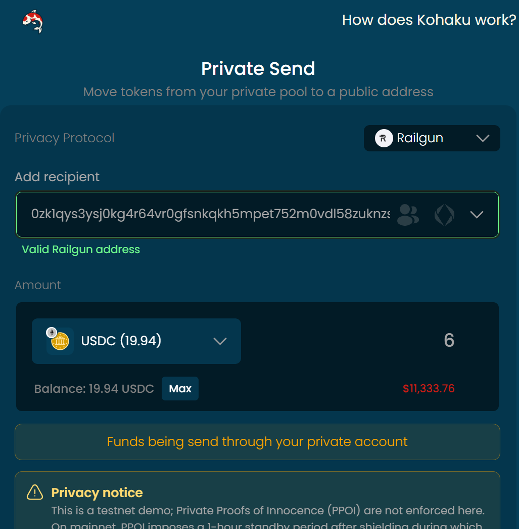 Kohaku Wallet 从隐私池向 Railgun 地址发起 Private Send