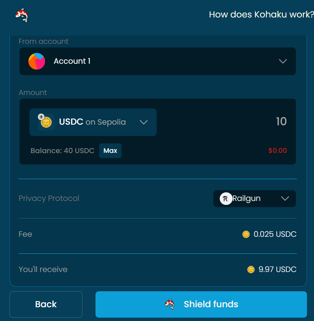 Kohaku Wallet 通过 Railgun 将公开 USDC Shield 到隐私账户